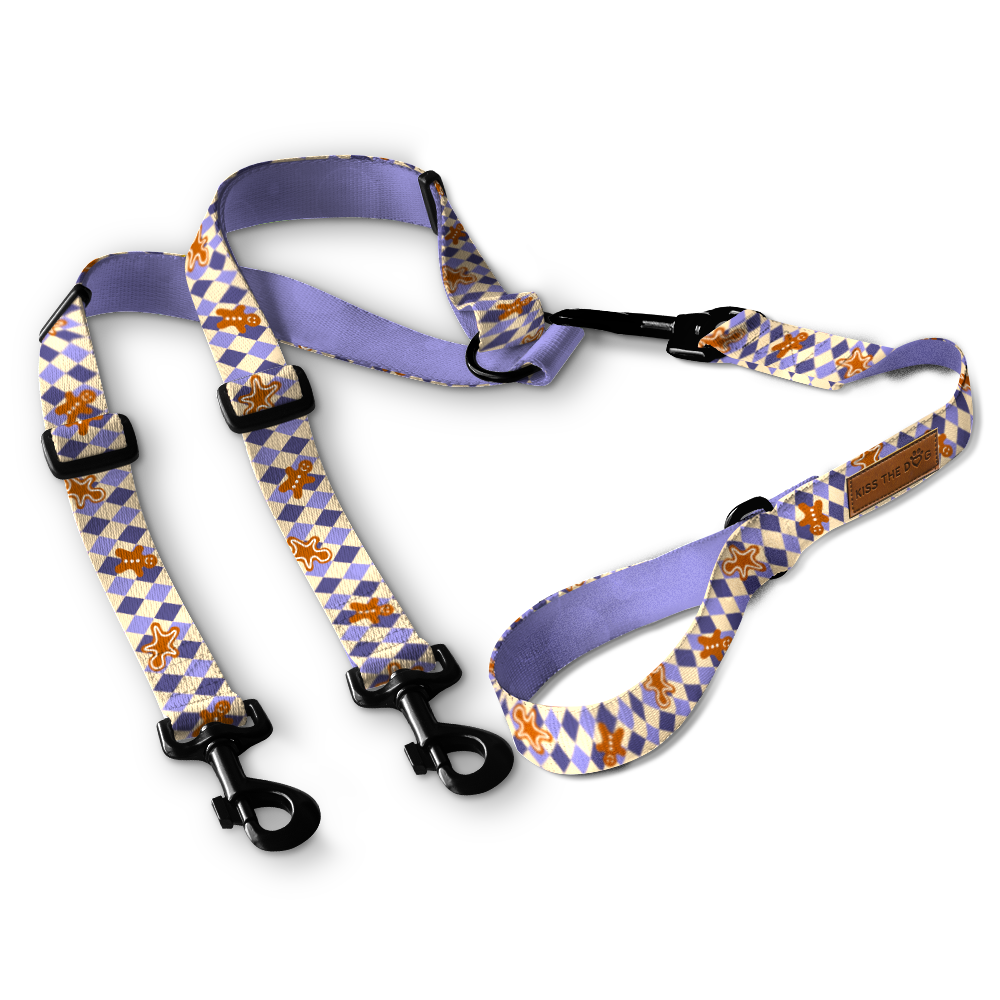 Smycz dla wielu psów "Gingerbread Grid" - czarne okucia