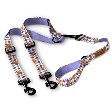 Smycz dla wielu psów "Gingerbread Grid" - czarne okucia