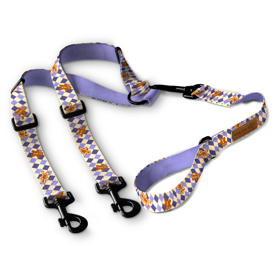 Smycz dla wielu psów "Gingerbread Grid" - czarne okucia