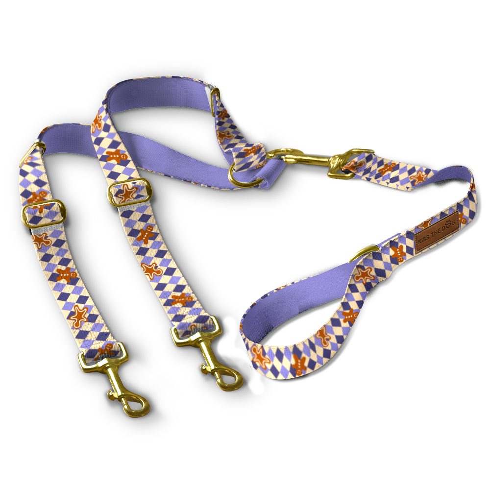 Smycz dla wielu psów "Gingerbread Grid" - złote okucia