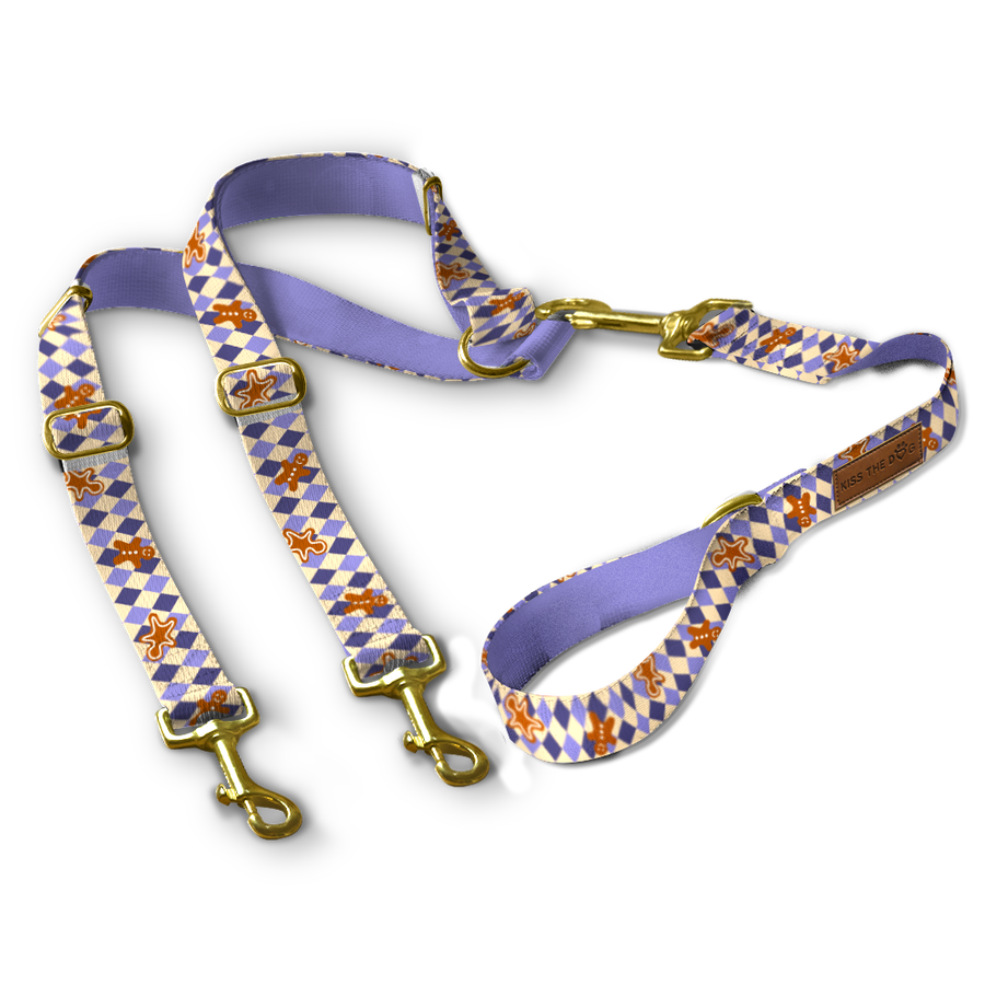 Smycz dla wielu psów "Gingerbread Grid" - złote okucia